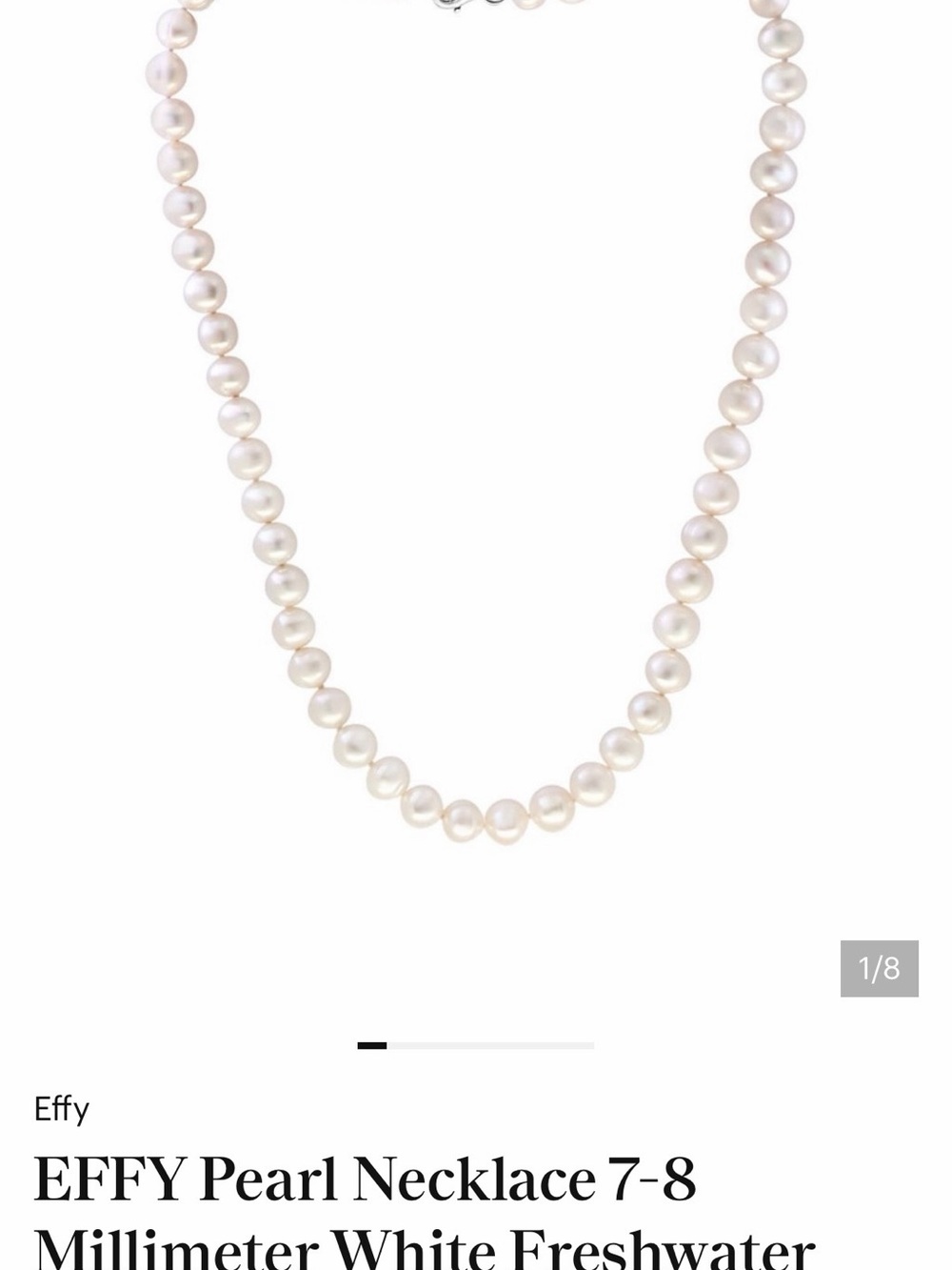 EFFY Pearl Necklace 7-8 Millimeter White Freshwater Pearls Silver Claw Clasp NWT